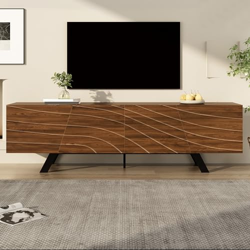 FammyLoft TV Schrank mit Wellenfront, Lowboard mit Stauraum, Fernsehtisch mit Schwarzen Eisenbeinen, Moderner TV Sideboard, für Wohnzimmer/Flur, Kabelmanagement & Ablage, 160cm, Walnussholzfarbe