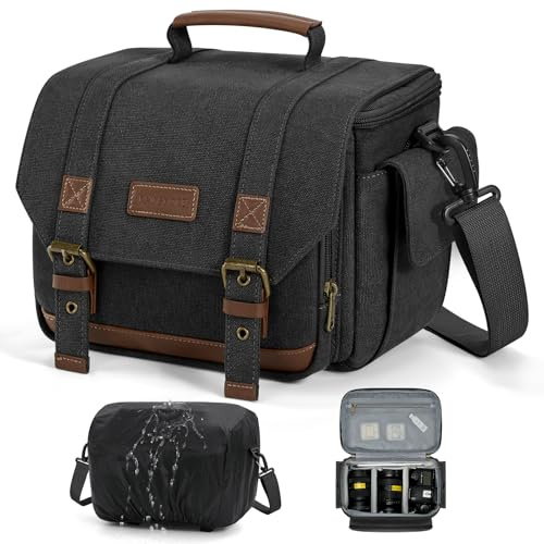 RAINSMORE Sac pour Appareil Photo Bandoulière Vintage en Toile Imperméable, Sacoche pour Appareil Photo Reflex et Hybride avec Housse de Pluie, Support Trépied et Fermetures SBS