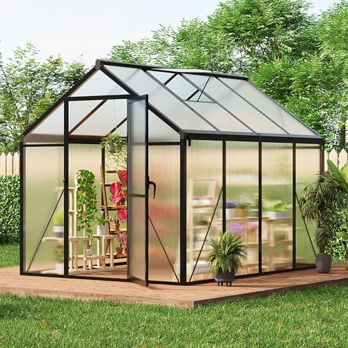 Garvee Serre de Jardin Grand capacité 6x8FT – Polycarbonate Solide – Cadre Aluminium – Sécurité renforcée avec Porte battante verrouillable – Aération optimale – 2 fenêtres de Ventilation (60×50cm),