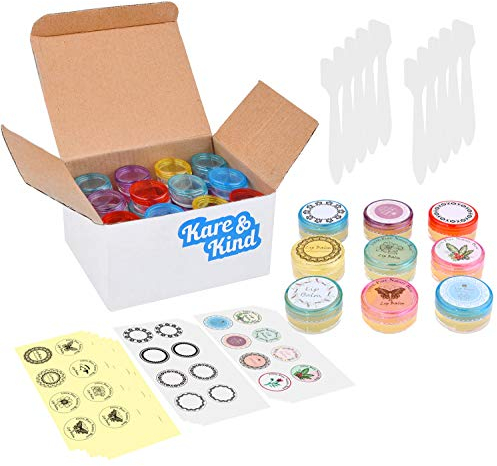 Lippenbalsam-Behälter-Gläser - für Kosmetik - 48-Pack - 6 Farben - DIY - Transparent - 5 Gramm (5 ml / 0,17 Unzen) - Einschließlich 48 beschreibbaren & 48 gedruckten Lippenbalsam Aufkleber