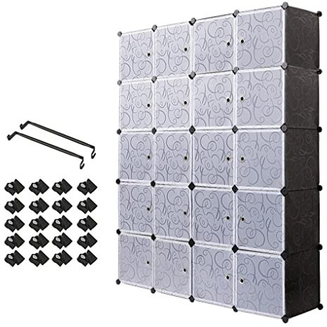 Mondeer Armoire Penderie Portable, Étagère de Rangement, Cubes de Stockage Modulaire en Plastique en métal Stable, Assemblage Facile pour Vêtements, Accessoires, Jouets (Noir, 20 Cubes)