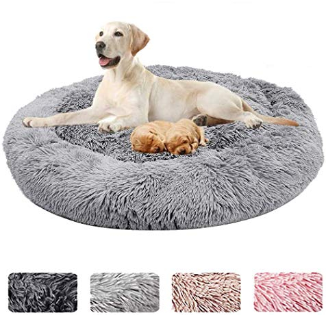 ZINN Hundebett für Hunde, rund, weich, waschbar, Hundekörbchen, Fell-Donut-Kissen, für große und extra große Hunde, Hellgrau, XL-100 cm