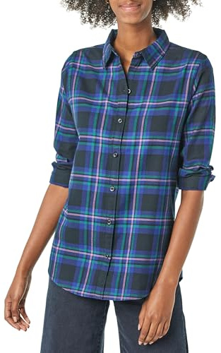 Amazon Essentials Women's Regular-Fit Long-Sleeve Lightweight Plaid Flannel Shirt, Navy Chelsea Tartan, XL