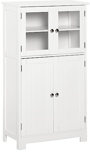 kleankin Bathroom Floor Cabinet, Freestanding Kitchen Cupboard with 2 Drawers, Adjustable Shelves and Tempered Glass Door, Wooden Storage Unit for Living Room Kitchen Hallway