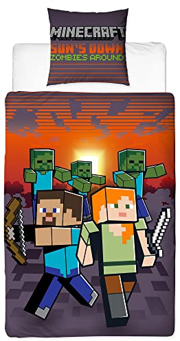 Minecraft Wende-Bettwäsche Sundown 135 x 200 + 80 x 80 cm 100% Baumwolle Renforcé-Linon-Qualität Kinderbettwäsche TNT Zombie Crafting Skelett Creeper Enderman Enderdrache 2 Motive Reißverschluss
