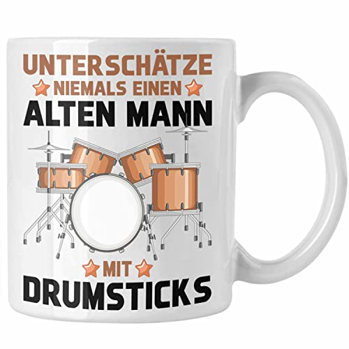 Trendation - Schlagzeug-Spieler Tasse Geschenk Männer Kinder Geschenkidee Geburtstag Weihnachten Unterschätze Niemals Einen Alten Mann (Weiß)