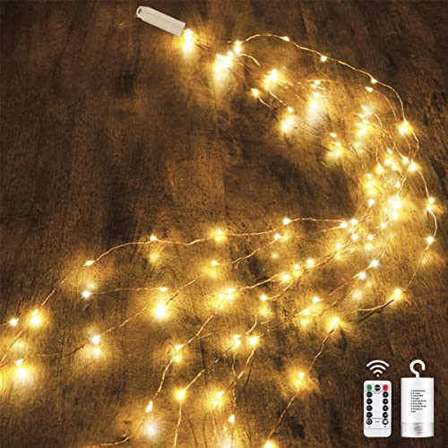 Dekofun Lichterschweif 2M 200 LED Weihnachtsbeleuchtung mit Batterie, Timer, Fernbedienung, Lichterstrang 8 Modi Wasserfall Lichterkette Wasserdicht Lichterbündel für Weihnachten Außen Innen Deko