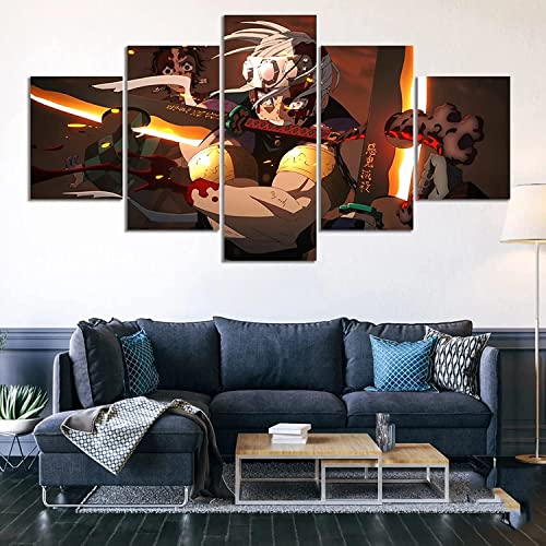 TANOHA Leinwanddrucke Modular Wandkunst Wandaufkleber 5 Wandbilder gedruckt auf Leinwand Gemälde Modernes abstraktes Poster mit Rahmen, Demon Slayer, XL