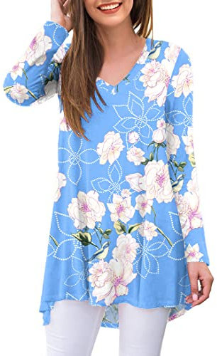 Ninee Women's Long-Sleeved V-Neck Autumn Tunic Tops Blouse T-Shirts, 09 Flower Light Blue, S