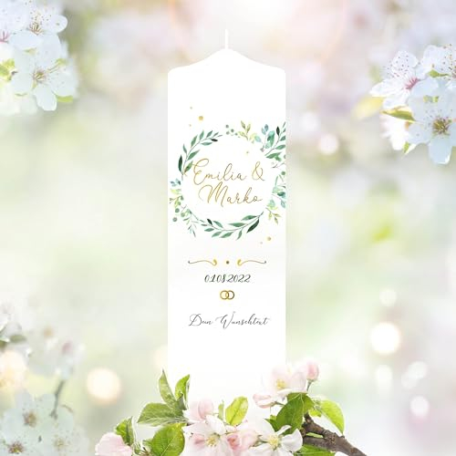Wandtattoo Loft Hochzeitskerze personalisiert mit Namen und Datum, Motiv mit Kranz aus Grünen Blättern, 25cm x 7cm, personalisierte Traukerze, Hochzeit Kerze selbst gestalten, Hochzeitsgeschenk