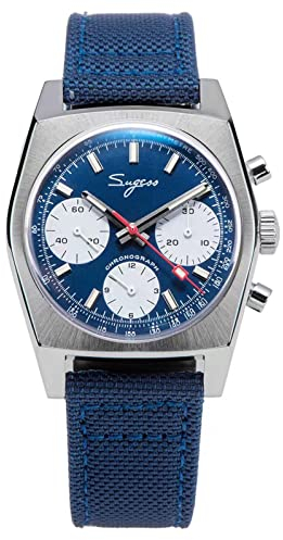 Seagull Sugess ST1902 Panda, 37 mm, blau-weißer Chronograph, gewölbter Saphir-Lume, 1963, Leinwand, BNIB, blau, Armband