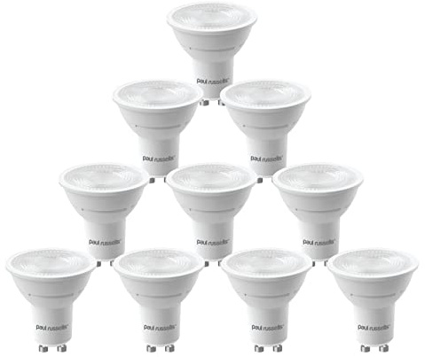 paul russells LED GU10 – Dimmable Fittings Frosted Spot Lightbulbs, 4.5W 345 Lumens LED Bulbs, 50w Equivalent, 4000K Cool White/Natural White, Dimmer Energy Saving 38° Ceiling Spotlights, 10 Pack