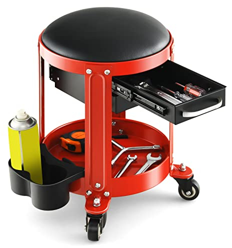 GiantexUK Pneumatic Rolling Mechanic Stool, 2 Drawers Workshop Creeper Seat with 4 Universal Casters, Tool Tray and Twin Can Holders, Removable Padded Chair for Garage Auto Repair Shop