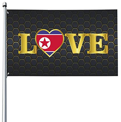 Golden Love Typography Korea North Flag Dekorative Flagge für den Außenbereich, 91 x 1,52 m, schwarz-weiß, karierter Hintergrund, Polyestergewebe, helle Farben sind leicht zu verblassen, schnell trock