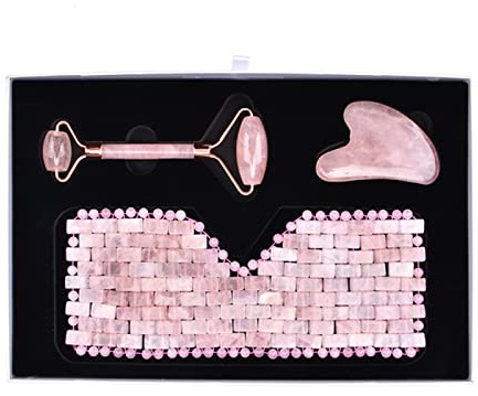 Rosenquarz-Gesichtsroller, Gouache-Schaber, Augenmasken-Set, Gesichtsmassagegerät, Gua Sha, Entspannungswerkzeug, Natürliche Jade,Rosa