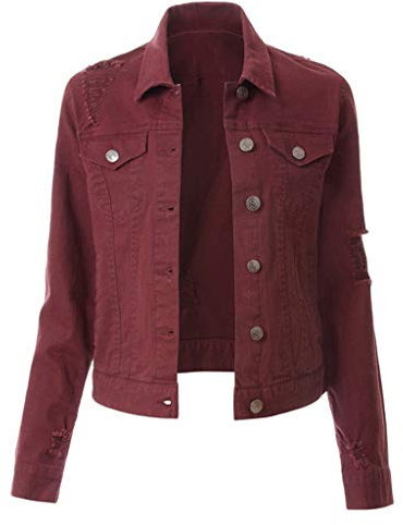 PAIDAXING Mode Jean Manteau Perlé Manteau Veste Denim Femmes Casual Outwear Femme Blouse Délavé Veste Denim Femme, A4 - Bordeaux, M