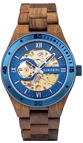BOBO BIRD Herren-Holz-Uhren, Skelett, mechanische Holzuhr, leicht, Luxus-Armbanduhren mit Naturholzband, limitierte Kollektion für Herren, Blau1, Classic, GT133