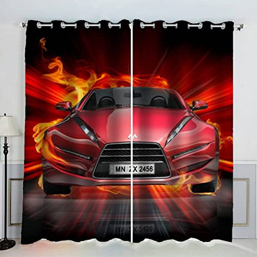 AKATIE Rennauto Vorhänge Blickdicht mit Ösen 2er Set Kindervorhänge 3D Gedruckt Cooles Auto Gardinen Modern Home Dekoration (183x214 cm)