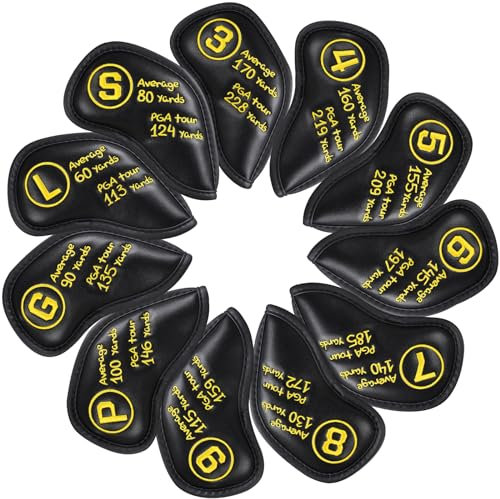 2thpart Golf Iron Covers Set 11pcs Black PU Leather, Durable Golf Iron Head Covers for Ping Titleist Callaway Taylormade Cobra Clevleand(3-9 P G S L)