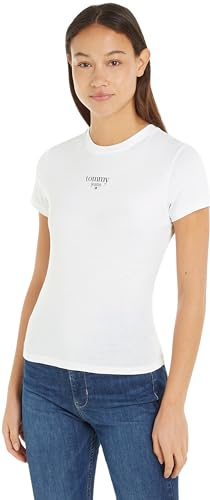 Tommy Jeans Damen T-Shirt Kurzarm Slim Logo Rundhalsausschnitt, Weiß (White), XXS