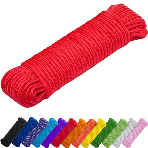 TECEUM Corde à linge et mât de drapeau - 45,2 m x 7 mm - Corde utilitaire robuste et polyvalente - Camping, artisanat, intérieur et extérieur - Nylon polypropylène léger tressé diamant - Rouge