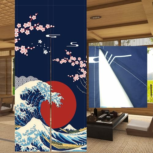 LIGICKY Japanischer Stil Dick Noren Lang Vorhänge, Doppelseitig Druck Kirschblüten und Kanagawa-Wellen Türvorhang Raumteiler Tapisserie für die Heimtextilien Raumteiler 85 x 180 cm Blau