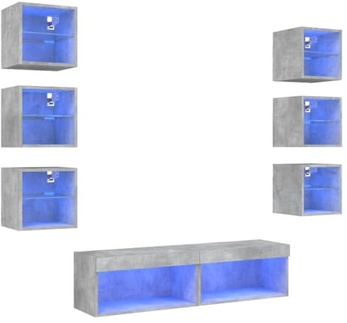 vidaXL Wohnwand 8-TLG., Schrankwand mit viel Stauraum, Anbauwand mit LED-Beleuchtung, Wandmontage Fernsehschrank Wohnzimmer Set, Betongrau Holzwerkstoff