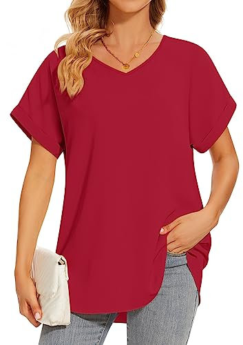 Bestbee Womens Dressy Chiffon Blouses 2024 Summer Short Sleeve Shirts Plus Size Casual T-Shirts V Neck Flowy Tunic Tops Lightweight, Red, 3XL