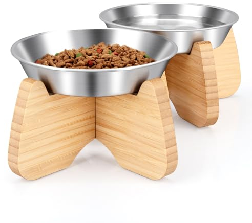BULANGDE Gamelle Chat Plate INOX Surélevée avec Bambou Support Bois,Double 2 Bols Assiette Chat Chien Lapin Antidérapante pour Eau et Nourriture,Mangeoirs et Abreuvoirs pour Animaux