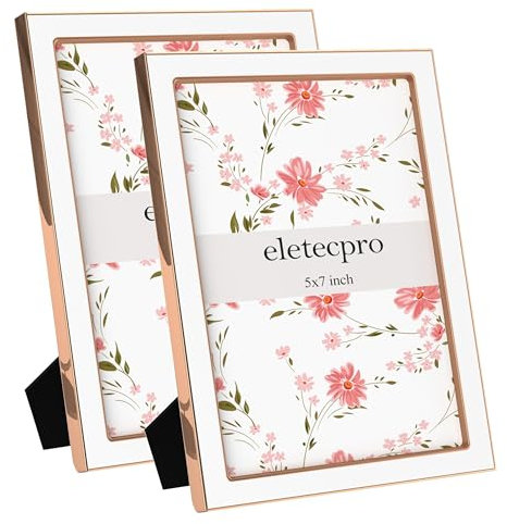 eletecpro 5x7 Enamel Picture Frame Set of 2 with Real Glass Cover, White Photo Frame with Rose Gold Metal Edge, Horizontal and Vertical Display Pictures 5x7 for Tabletop, Bookshelf, Wall Decor
