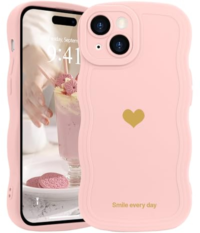 LAPOPNUT for iPhone 13 Case,Cute Curly Wave Frame Love Heart Phone Case for Girls Women,Soft Silicone TPU Bumper Shockproof Camera Protective Cover for iPhone 13 6.1 inch,Pink