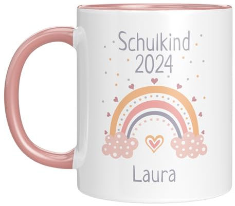 TassenTicker - Tasse Schulkind 2024 mit Namen - Personalisiert - Einschulung - Geschenke - Regenbogen - Geschenk für Erstklässler - Schule - Grundschule - Geschenkidee - Schulbeginn (Rosa 2024)