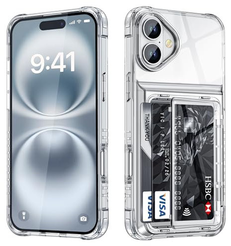 Vunake for iPhone 16 Case with Card Holder [Max 4 Cards] Shockproof Military Grade Drop Protection Anti-Yellow Clear Hidden Card Slot Protective Phone Case for iPhone 16-Clear