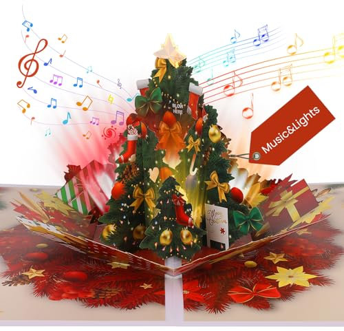 Weihnachtskarte, Pop-up Weihnachtskarte mit Musik und Licht für Kinder, 3D Weihnachtsbaum Weihnachtskarte Geschenk für Frau, Männer, Junge, Mädchen, Enkelin, Enkel, Ehemann, Sohn, Tochter