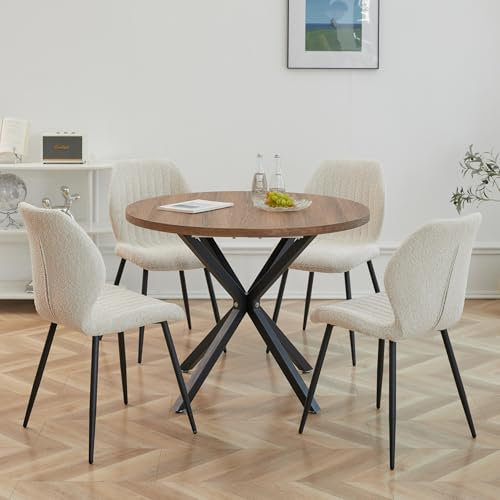 DEYARNA HOME Essgruppe 5-Teilig, 100cm Runder Esstisch und 4 Leinen-Esszimmerstühle, Esstisch und Stühle für 4 Personen, 4 Stühle & Tisch für Küche, Esszimmer und Wohnzimmer (Dunkle Holzfarbe+Khaki)