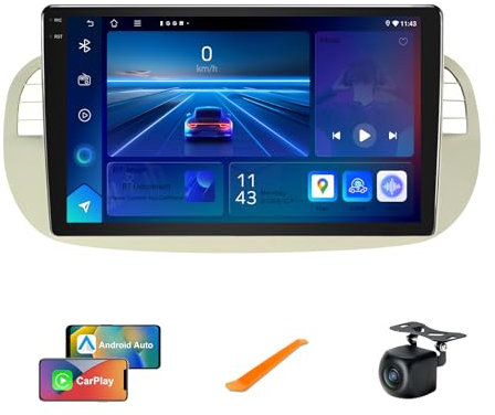 Android 13 Double Din Car Stereo for Fiat 500 2007-2015 | 9-inch In-Cell Touch Screen | 4GB RAM + 64GB ROM | Wireless CarPlay & Android Auto | Bluetooth/MirrorLink/FM RDS Radio | White