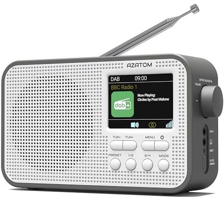 DAB/DAB+ & FM Portable Digital Radio | Large Display | Bluetooth | Rechargeable Battery | Dual Alarms & Sleep Timer | Perfect for Home, Office or Outdoors | AZATOM Aspire G2 (Grey)