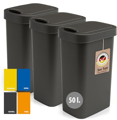 Hausfelder Mülleimer, 3er Set, 3x50 | 3er Set, 3x50, für Küche, mit Deckel, Mülleimer, Abfalleimer