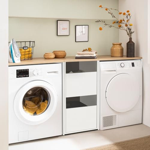 Lomadox Waschmaschinenschrank mit Wäscheschrank Hauswirtschaftsraum für Waschmaschine und Trockner weiß mit Eiche Waschküche modern Landhaus Wäsche sortieren Umbauschränke