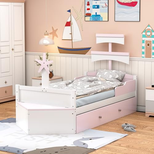 FAYICIC Kinderbett aus Holz 90x200cm, Segelbootform, mit ausziehbares Bett, Stauschrank am Bettende, Einzelbett, Kinderbett (rosa)