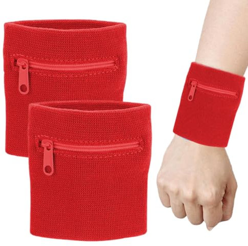 RGZD 2pcs Reißverschluss Handgelenk Beutel, Sport Turnhalle Basketball Armbänder, die Schweißbänder Laufen Lassen Handgelenk Verpackungs Geldbörse mit Reißverschluss Tasche für Schlüssel(Rot)