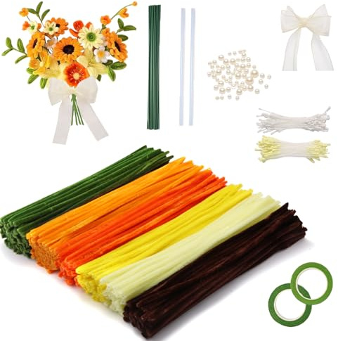 FRKOKRFA Pfeifenreiniger Blumen Set, 400 Stück Pfeifenputzer, Bouquet Pfeifenreiniger Set für DIY Basteln Blumen Dekorieren, Gelb
