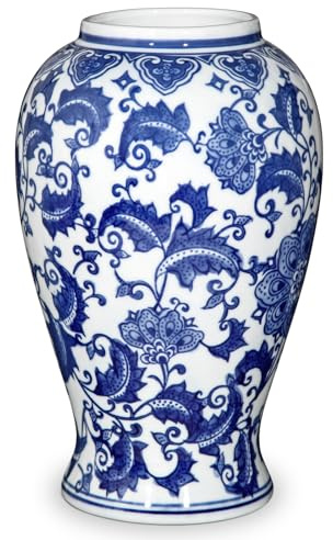 Vintage Keramikvase Weiß und Blau für Blumendekoration Blumenvasen Deko Vase für Pampasgras Blumen, Tischdeko, Trockenblumen Deko Vasen für Wohnzimmer, Bürodeko, Modernes Dekoratives Vasen