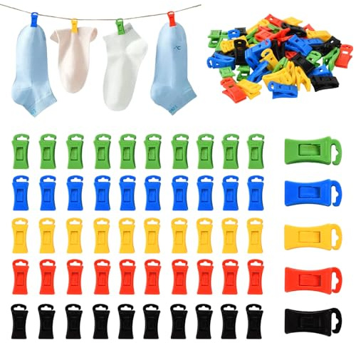 50 Stück Bunte Sockenklammern für Waschmaschine und Trockner – Rutschfester Sockenclip mit Haken, Mehrzweck-Sockenhalter mit Aufbewahrungstasche, Colourful Sock Clips für Reisen & Camping