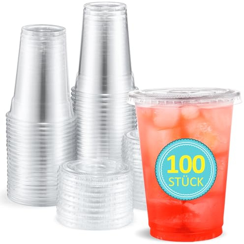 Eupako 100 Stück 10 oz/300ml Plastikbecher mit Deckel - Einweg-klare Trinkbecher für Getränke Parfait &Smoothies kühlschrankgeeignet &stapelbar Einwegbecher