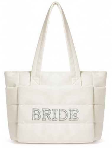 Ruichimi Bride Puffer Tote Bag, Bridal Shower Gifts Puffy Tote Handbag Shoulder Bag Wedding Bachelorette Bride To Be Gifts (Beige BRIDE)