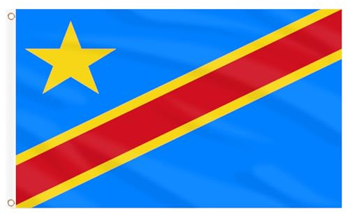 AhfuLife Drapeau du Congo DR 90 x 150 cm 4 Pièces Drapeau National de la République Démocratique du Congo Grand Drapeau Bleu avec Rayures Rouge Étoile Jaune pour Coupe du Monde, Fête Nationale Fête