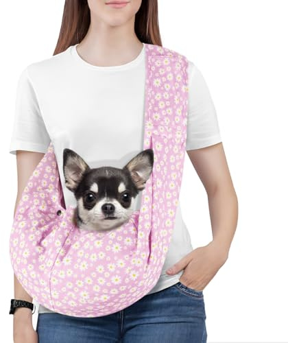 Pawaboo Écharpe Porte-Bébé pour Petit Chien, Porte-Animaux sans Mains pour Petits Chiens et Chats, Écharpe Réversible pour Chiot avec Harnais de Sécurité, Marguerite Rose