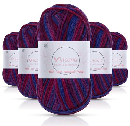 Vincona Häkelgarn，5x50 g Wolle zum Häkeln，Bunt Farbverlauf Acrylgarn zum Häkeln，Wolle zum Häkeln und Stricken, Handstrickgarnsets Geeignet zum Stricken von Puppen, Pullovern, Schals, Mützen42