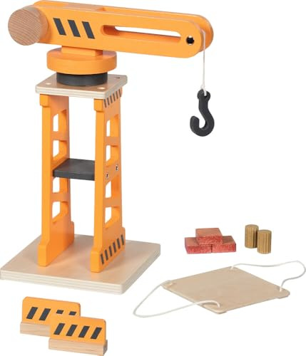 goki 55824 – Drehkran mit Zwei Absperrbarken und Ladeplattform, beweglicher Spielzeug-Baukran aus Holz, 360° drehbar